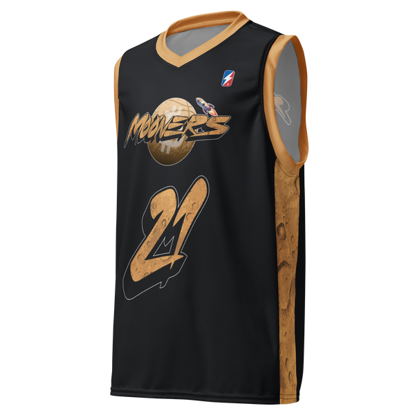 Mooners bitcoin basketball jersey, front view: a black basketball jersey with gold trim, the Mooners logo over a golden moon and the number 21.
