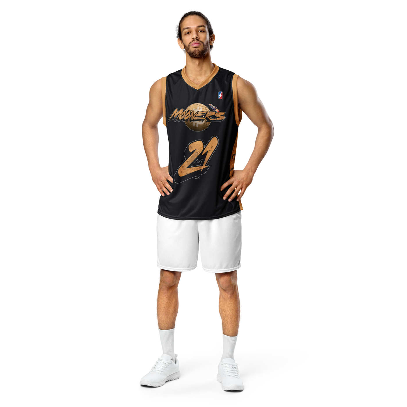 Mooners bitcoin basketball jersey, front view: a black basketball jersey with gold trim, the Mooners logo over a golden moon and the number 21.