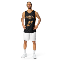 Mooners bitcoin basketball jersey, front view: a black basketball jersey with gold trim, the Mooners logo over a golden moon and the number 21.