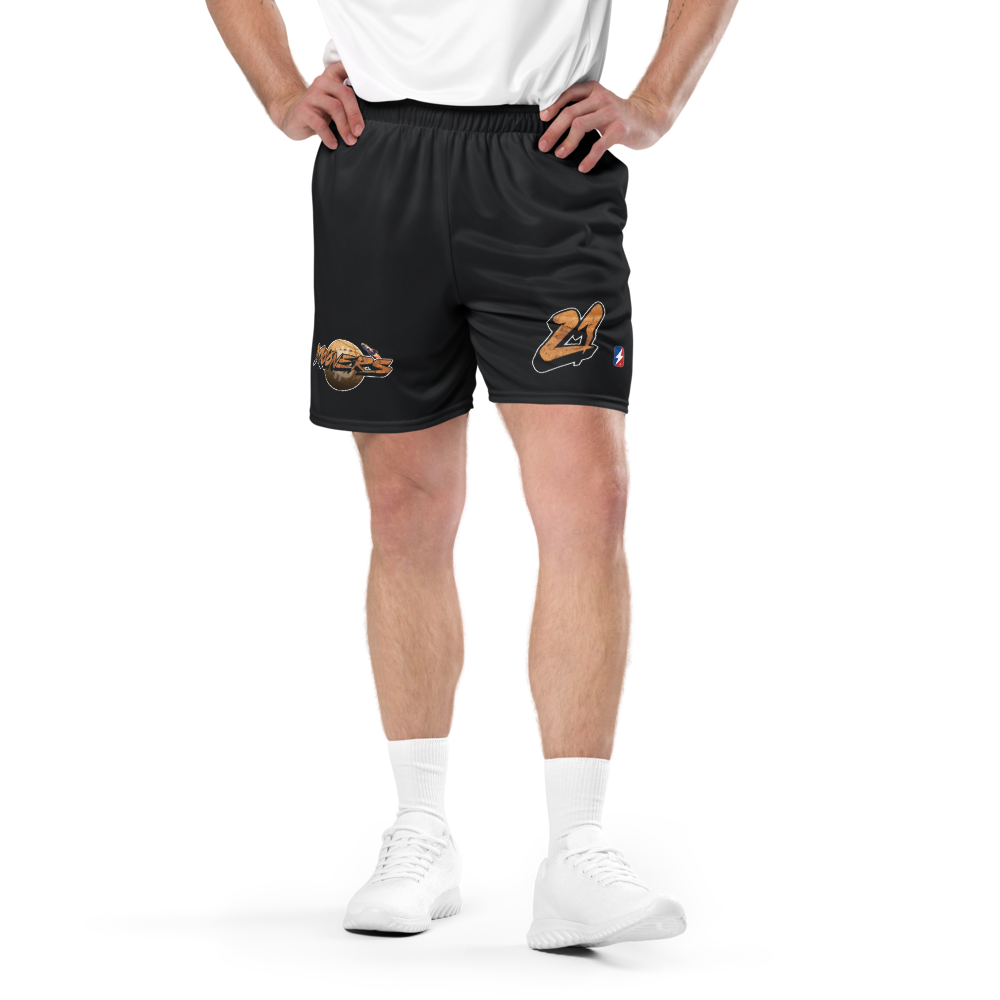 Front view of a man wearing black bitcoin mesh shorts.