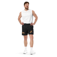 Mooners bitcoin basketball shorts, front view: black basketball shorts with the golden Mooners logo and the number 21.