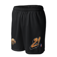 Mooners bitcoin basketball shorts, left front view: black basketball shorts with the golden Mooners logo and the number 21.