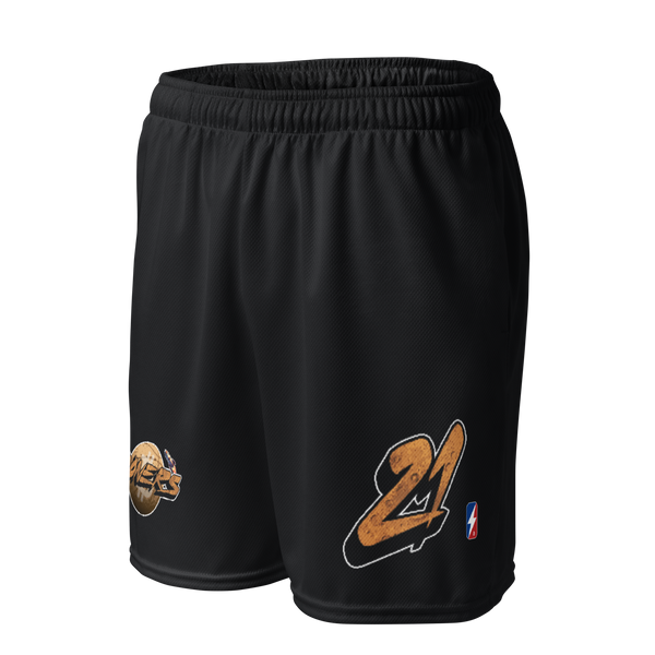 Mooners bitcoin basketball shorts, left front view: black basketball shorts with the golden Mooners logo and the number 21.