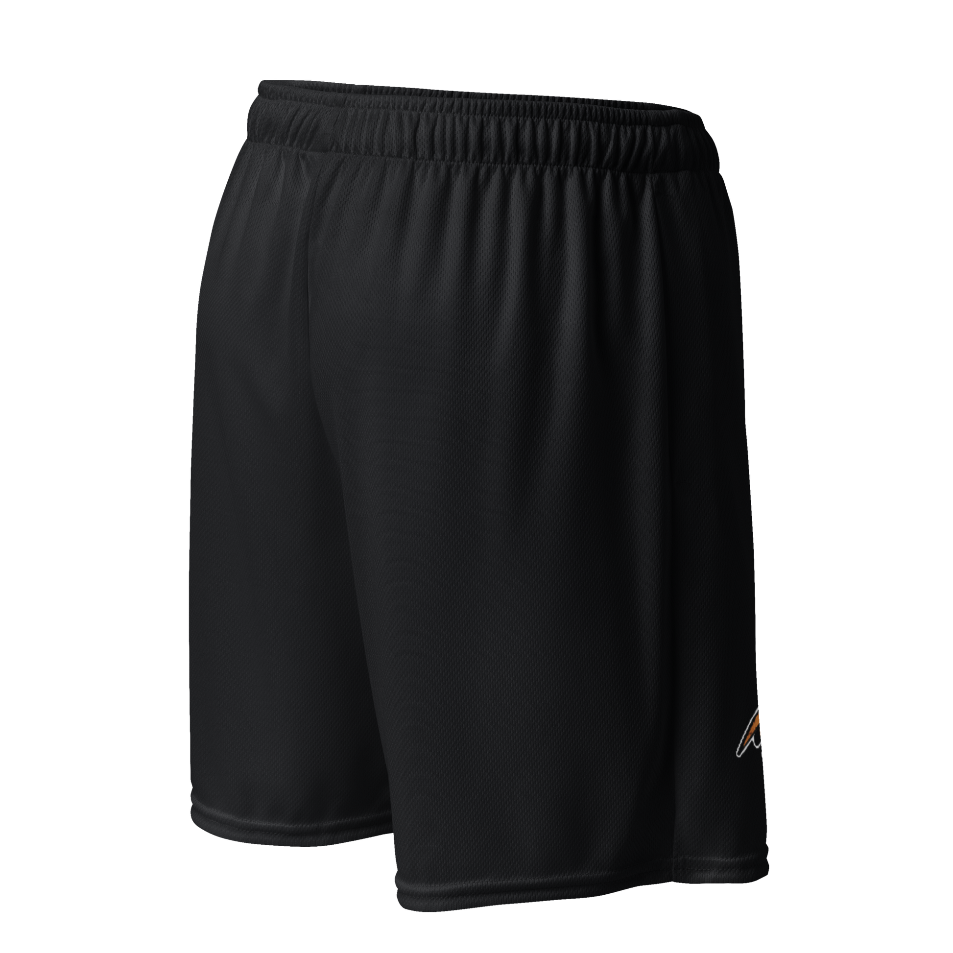 Front view of black bitcoin mesh shorts.