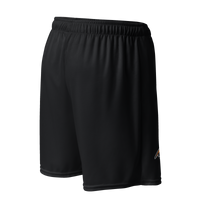 Mooners bitcoin basketball shorts, right back view: black basketball shorts with the golden Mooners logo and the number 21.