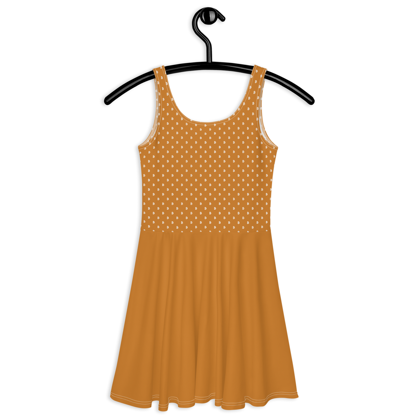 Back view of an orange bitcoin skater dress.