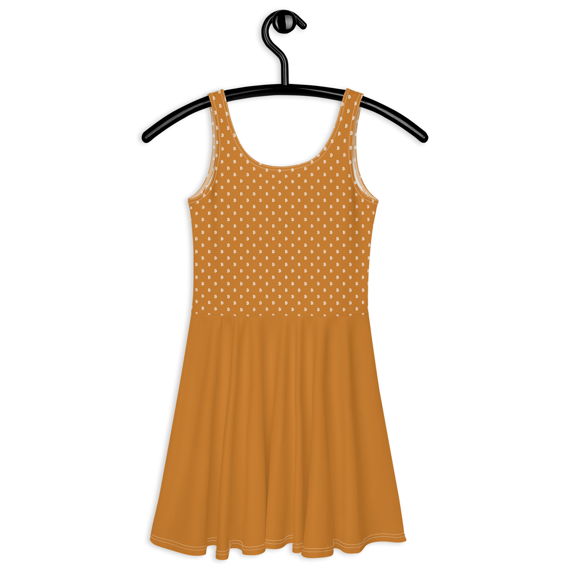 Back view of an orange bitcoin skater dress.