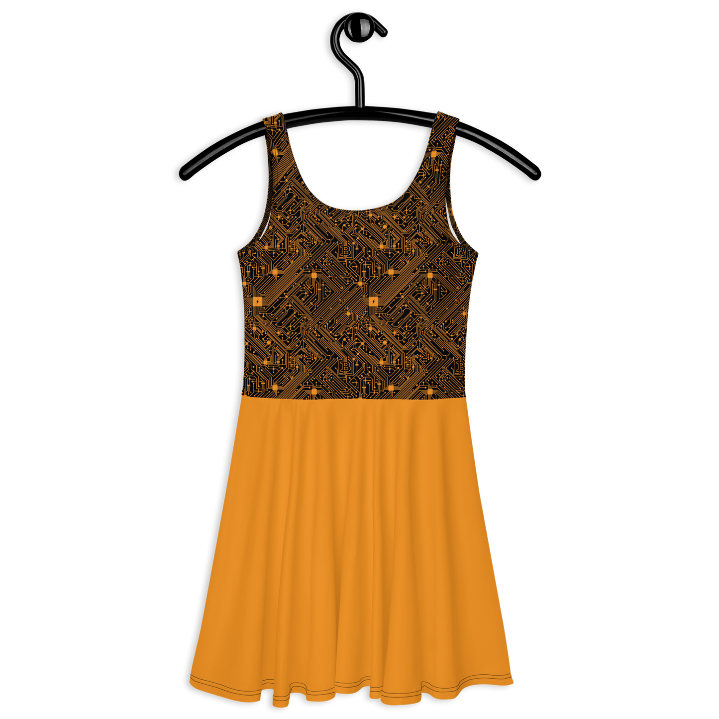 Back view of a black and orange bitcoin skater dress.