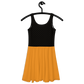 Back view of a black and orange bitcoin skater dress.