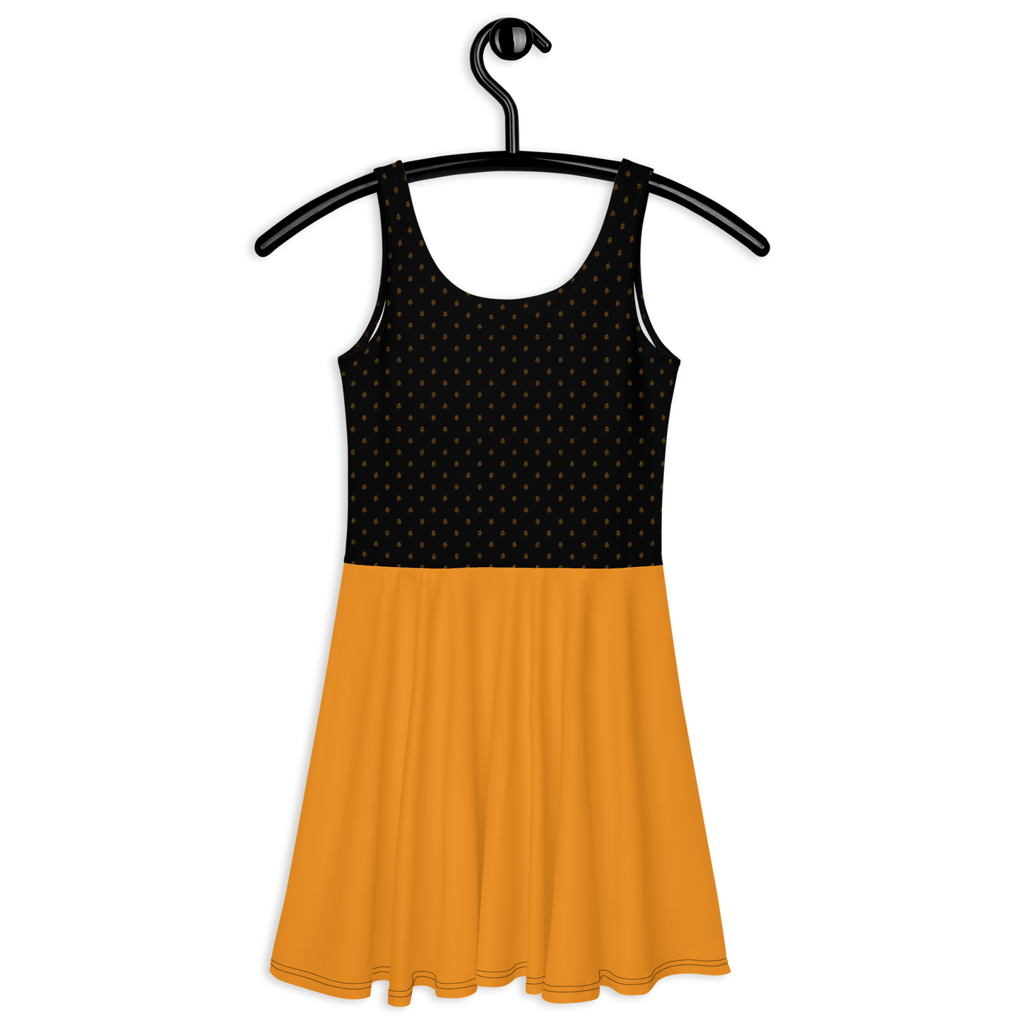 Back view of a black and orange bitcoin skater dress.