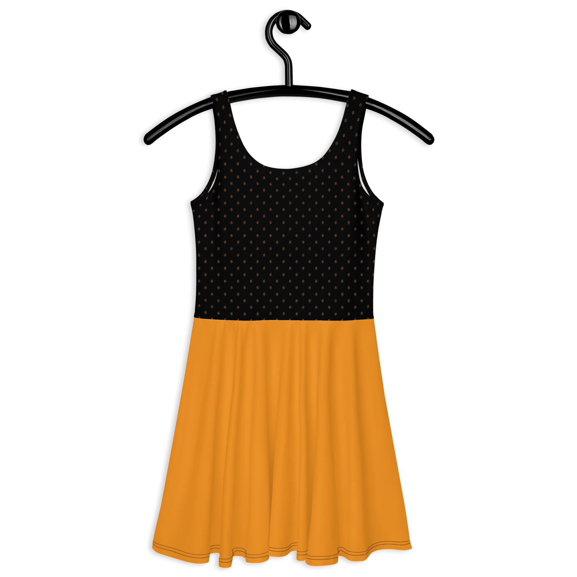 Back view of a black and orange bitcoin skater dress.