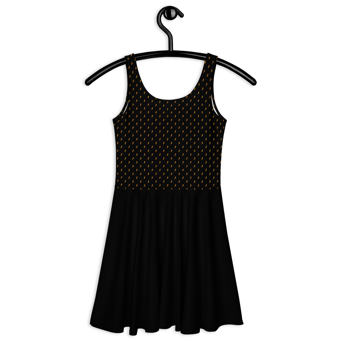 Back view of a black bitcoin skater dress.