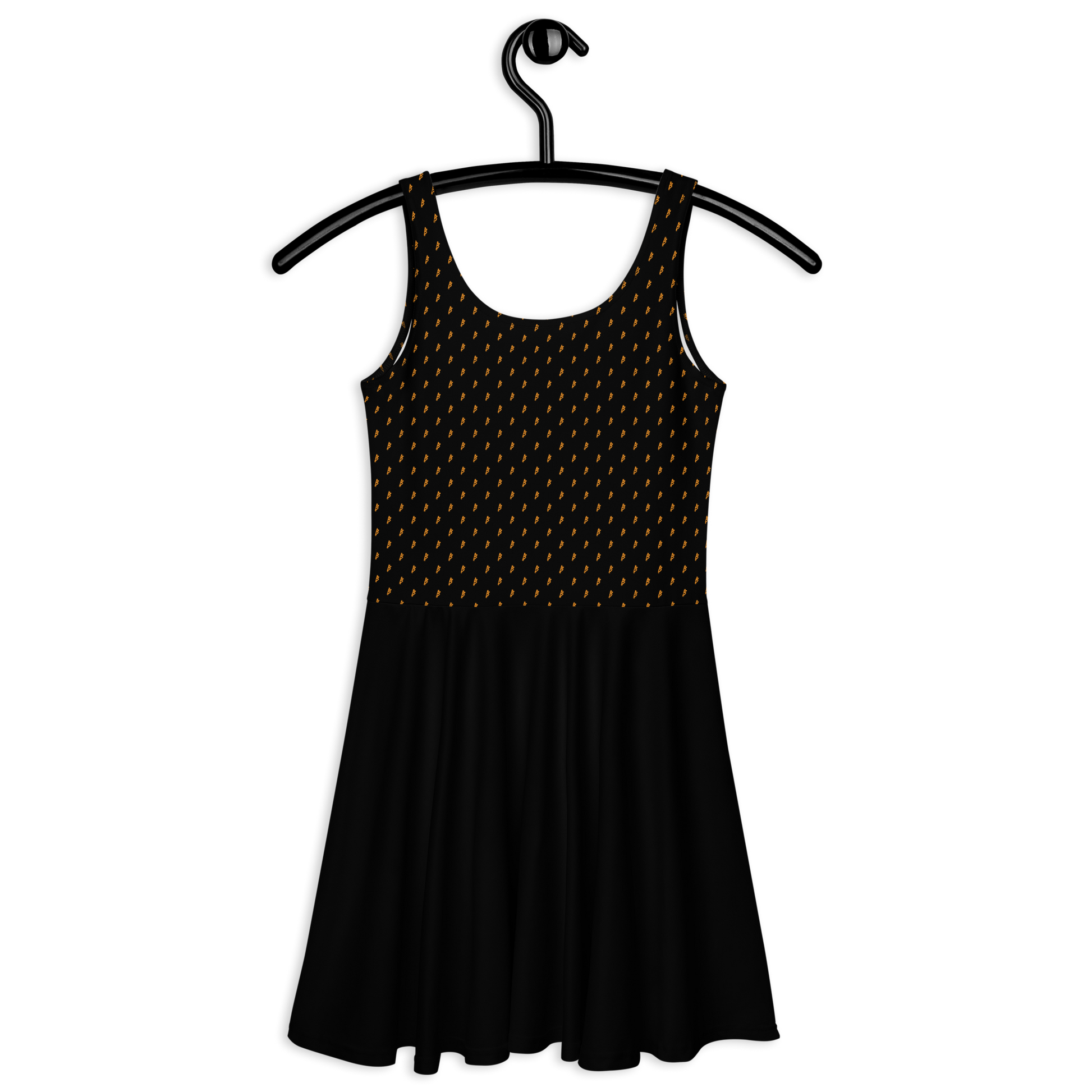 Back view of a black bitcoin skater dress.