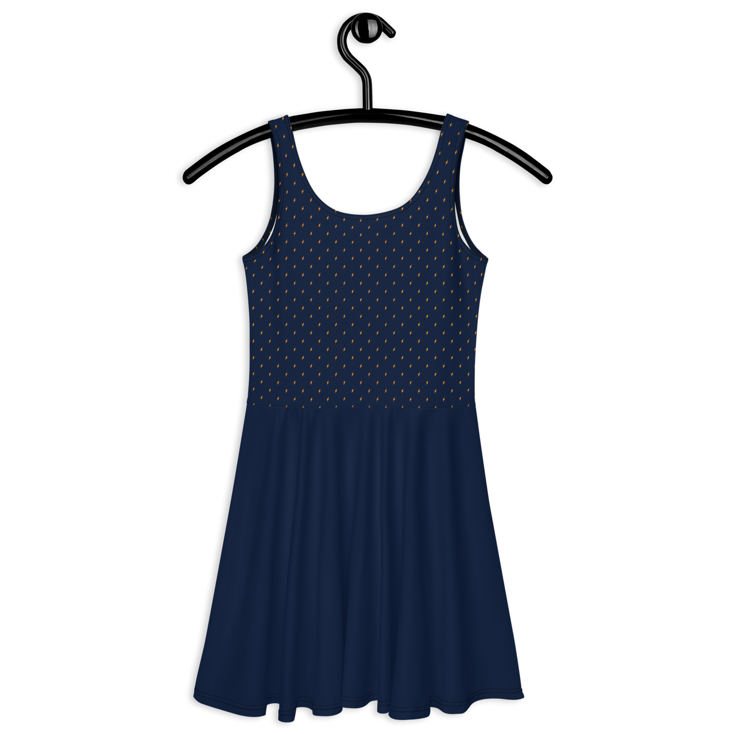 Back view of a navy blue bitcoin skater dress.