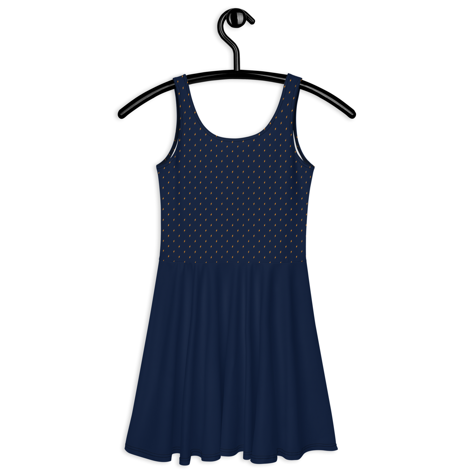 Back view of a navy blue bitcoin skater dress.