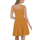 Back view of a woman wearing an orange bitcoin skater dress.