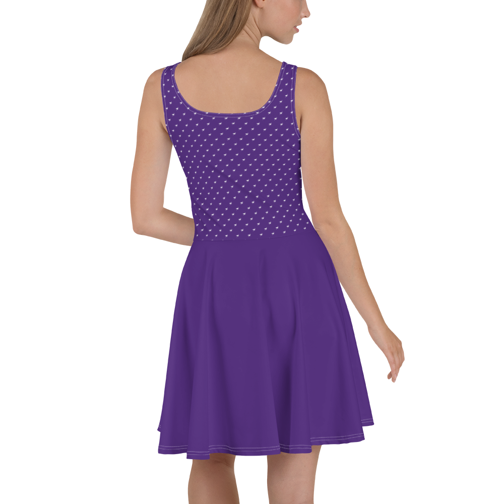 Back view of a woman wearing a purple nostr skater dress.