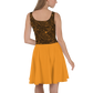 Back view of a woman wearing a black and orange bitcoin skater dress.