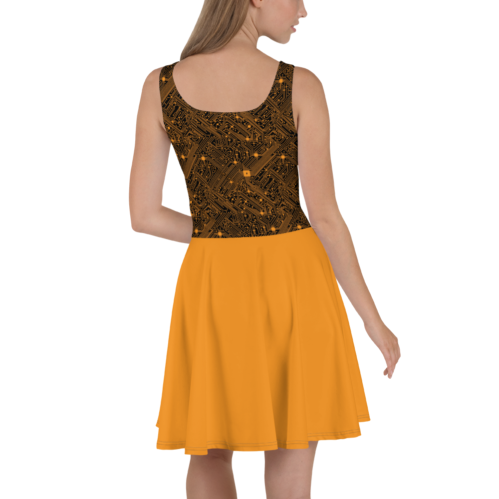 Back view of a woman wearing a black and orange bitcoin skater dress.