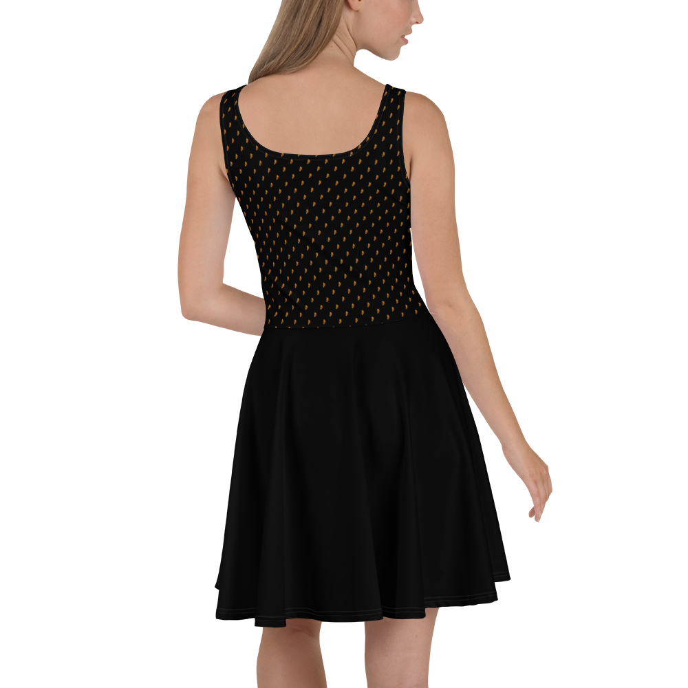 Back view of a woman wearing a black bitcoin skater dress.