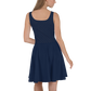 Back view of a woman wearing a navy blue bitcoin skater dress.