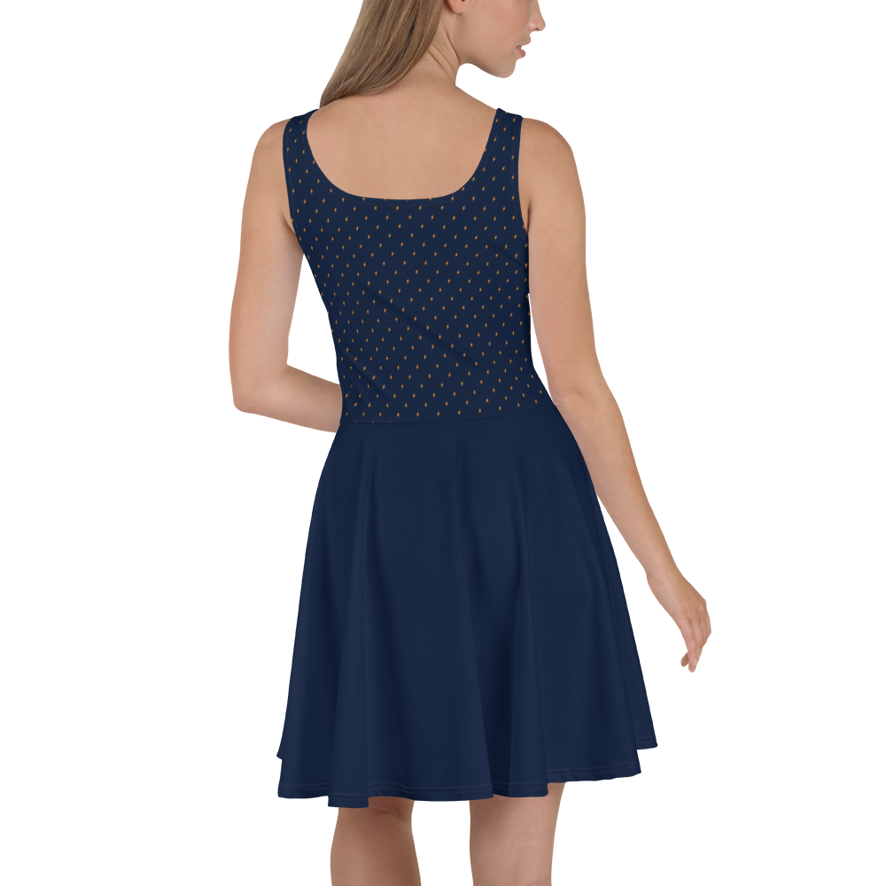 Back view of a woman wearing a navy blue bitcoin skater dress.