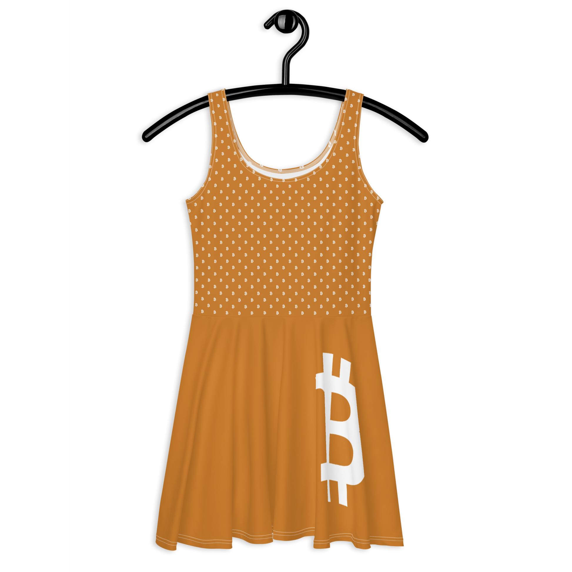 Front view of an orange bitcoin skater dress.