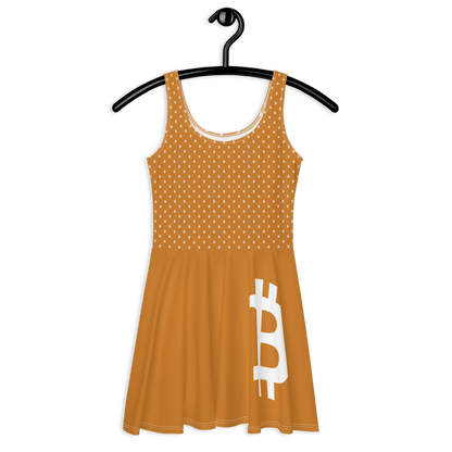 Front view of an orange bitcoin skater dress.