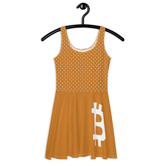 Front view of an orange bitcoin skater dress.