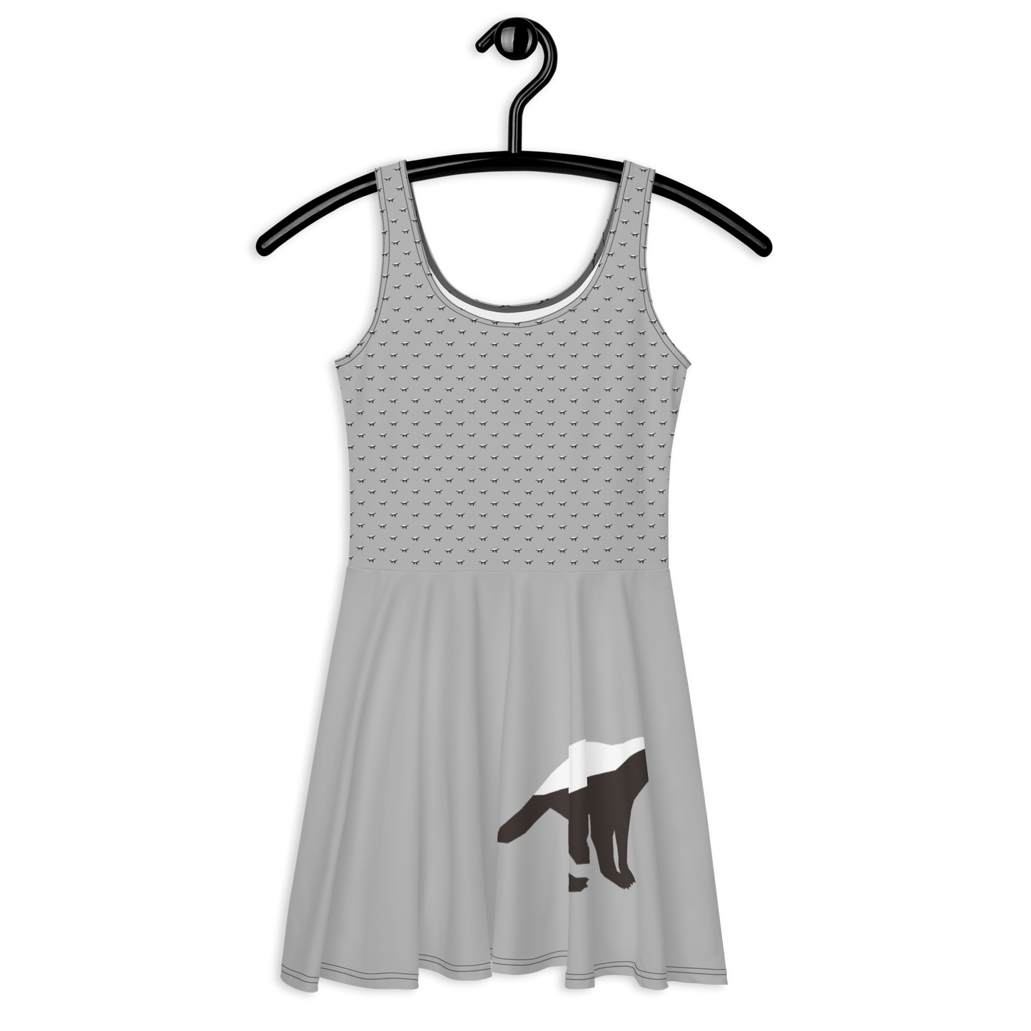 Front view of a silver bitcoin skater dress.