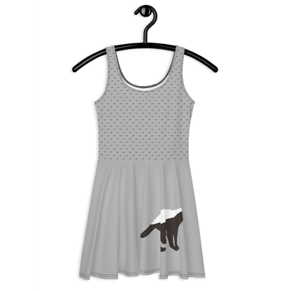 Front view of a silver bitcoin skater dress.