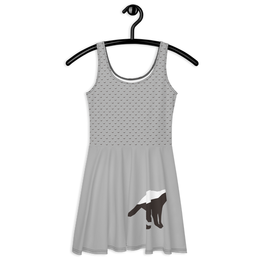 Front view of a silver bitcoin skater dress.