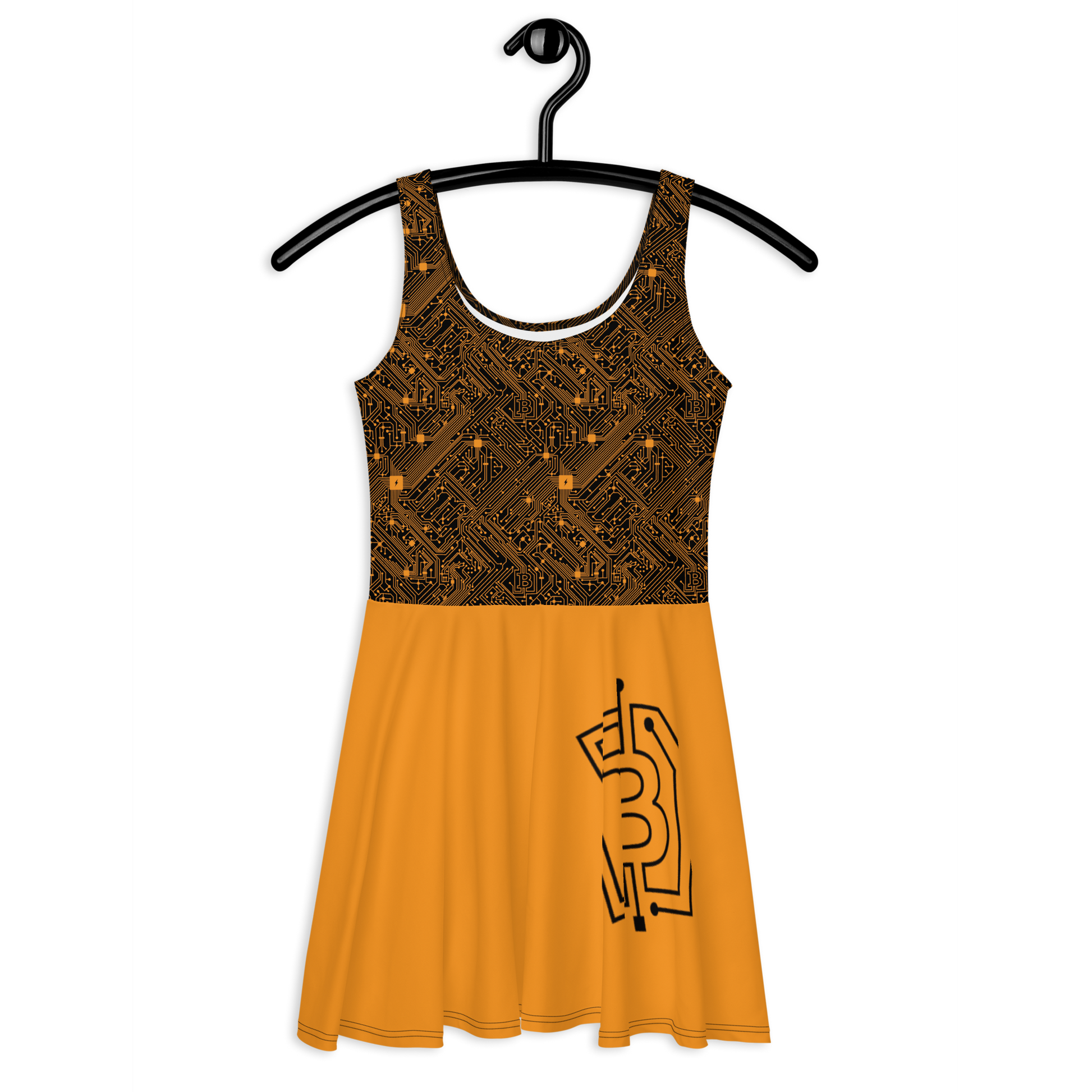 Front view of a black and orange bitcoin skater dress.