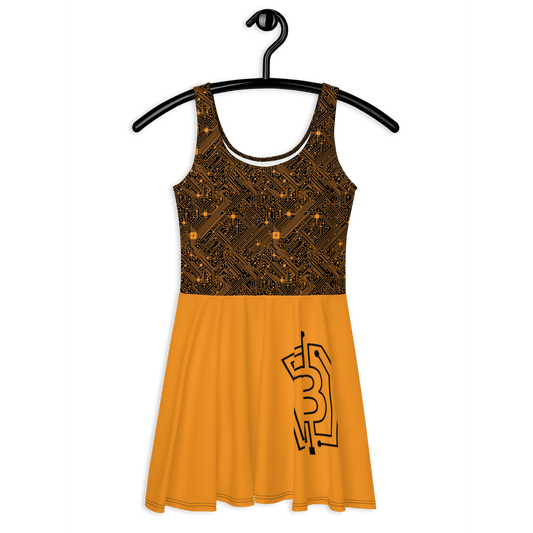 Front view of a black and orange bitcoin skater dress.