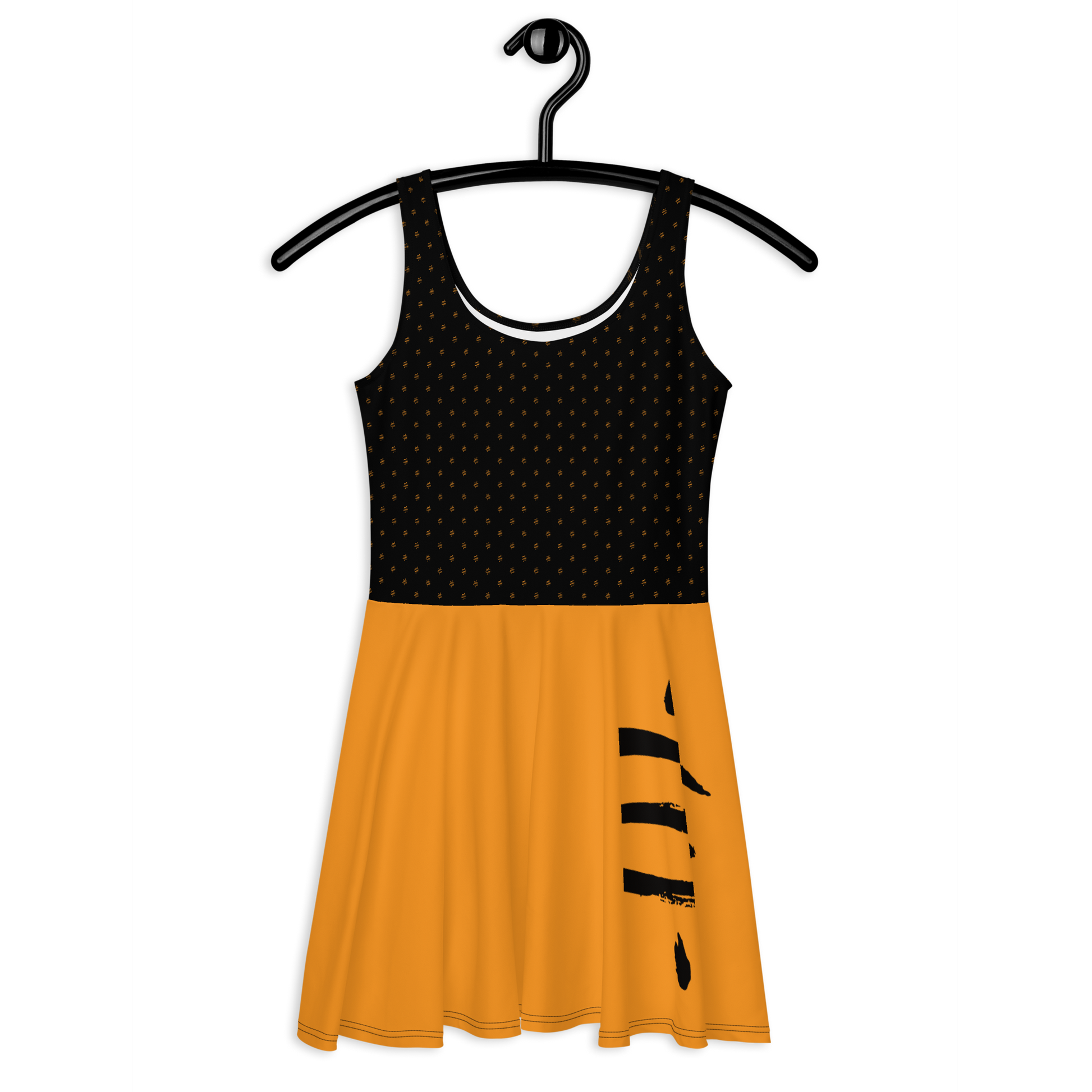 Front view of a black and orange bitcoin skater dress.