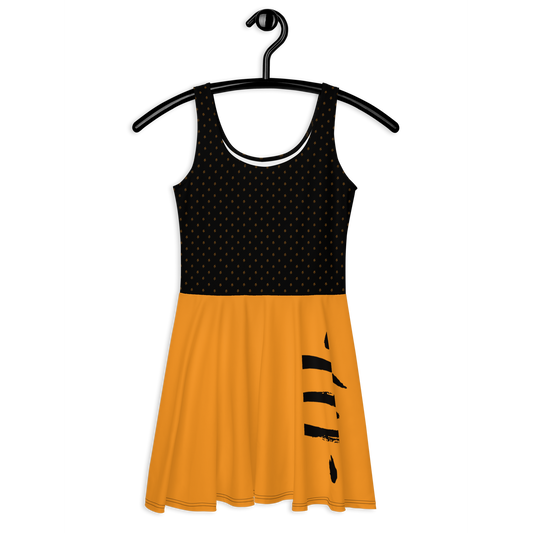 Front view of a black and orange bitcoin skater dress.