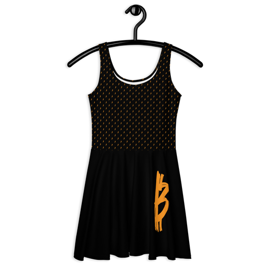 Front view of a black bitcoin skater dress.