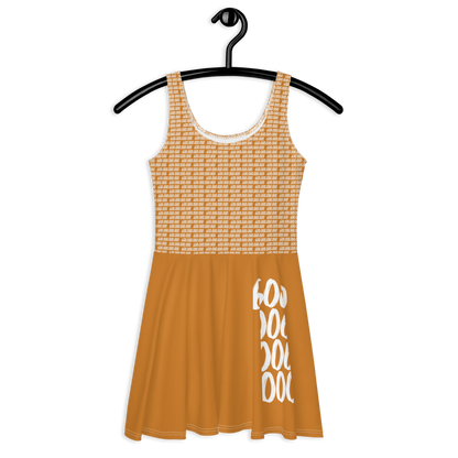 Front view of an orange bitcoin skater dress.