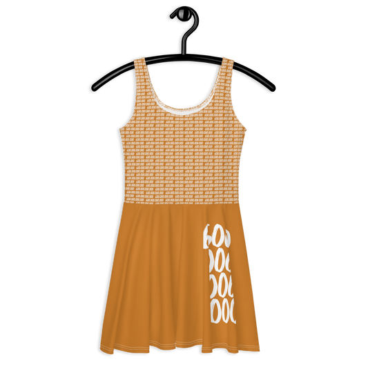 Front view of an orange bitcoin skater dress.