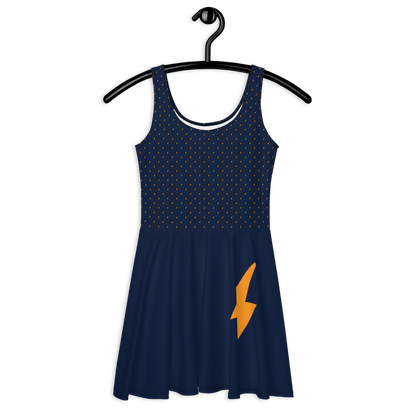 Front view of a navy blue bitcoin skater dress.