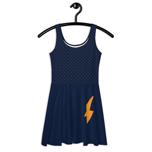 Front view of a navy blue bitcoin skater dress.