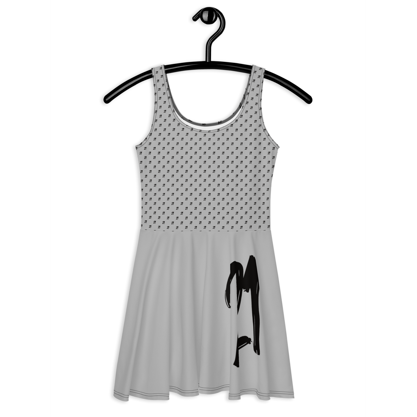 Front view of a silver bitcoin skater dress.