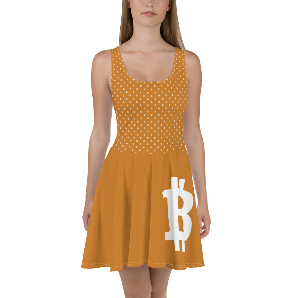 Front view of a woman wearing an orange bitcoin skater dress.