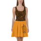 Front view of a woman wearing a black and orange bitcoin skater dress.