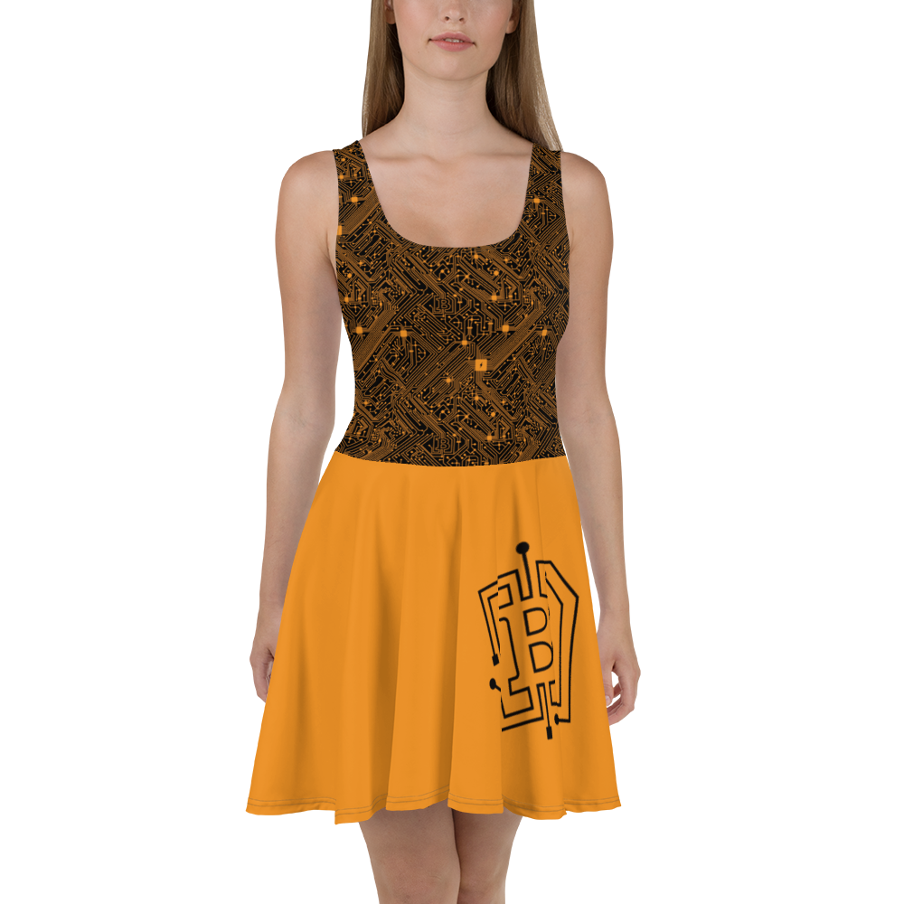 Front view of a woman wearing a black and orange bitcoin skater dress.