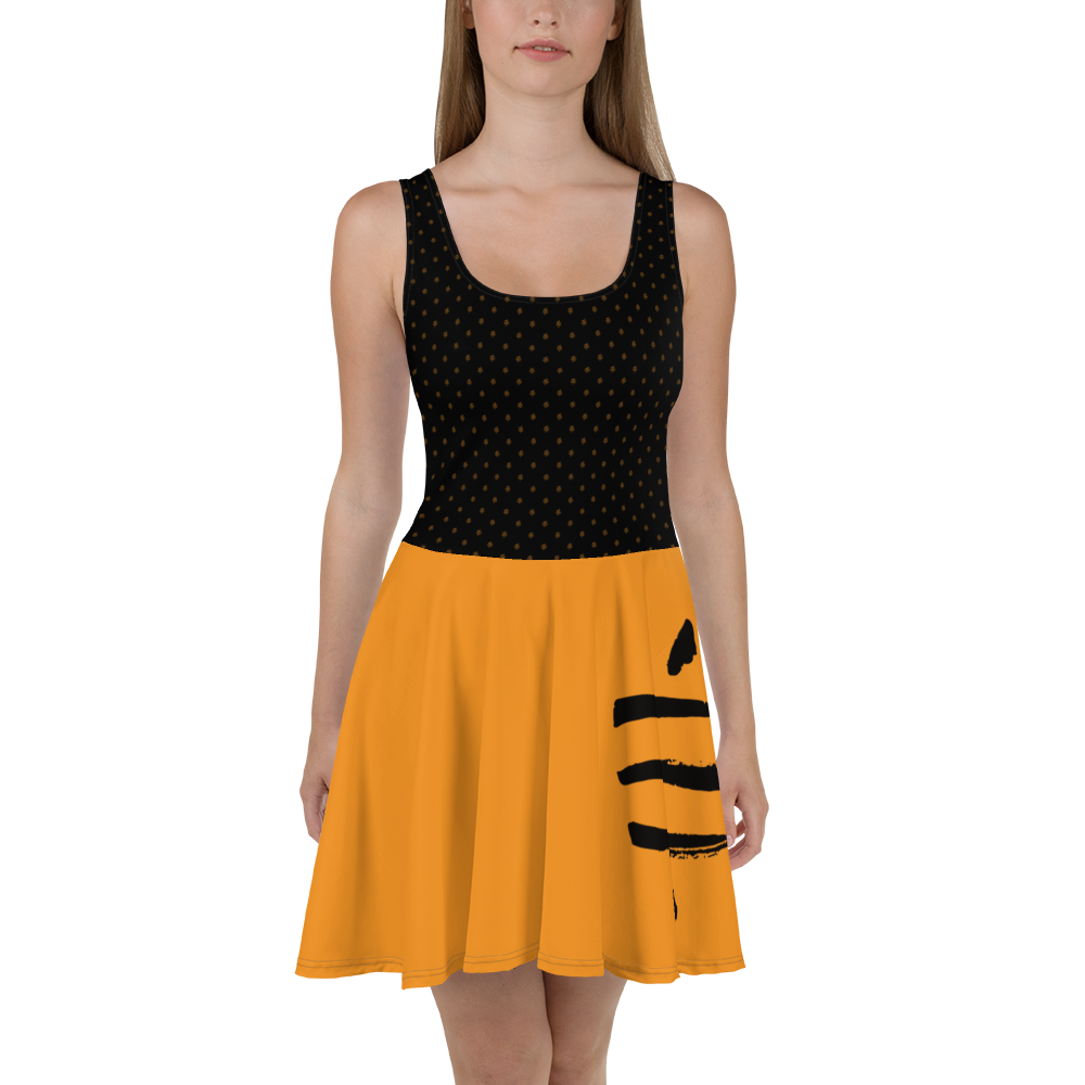 Front view of a woman wearing a black and orange bitcoin skater dress.