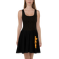 Front view of a woman wearing a black bitcoin skater dress.