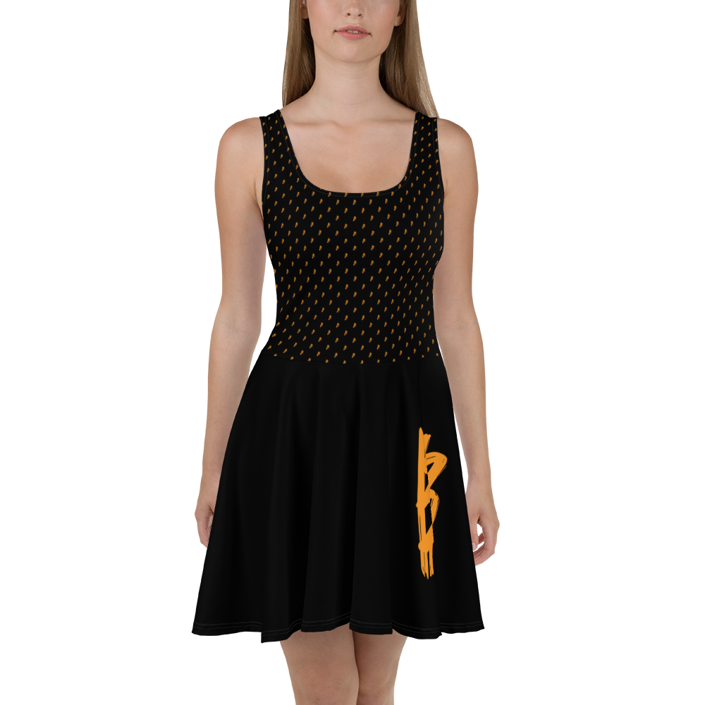 Front view of a woman wearing a black bitcoin skater dress.