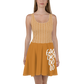 Front view of a woman wearing an orange bitcoin skater dress.