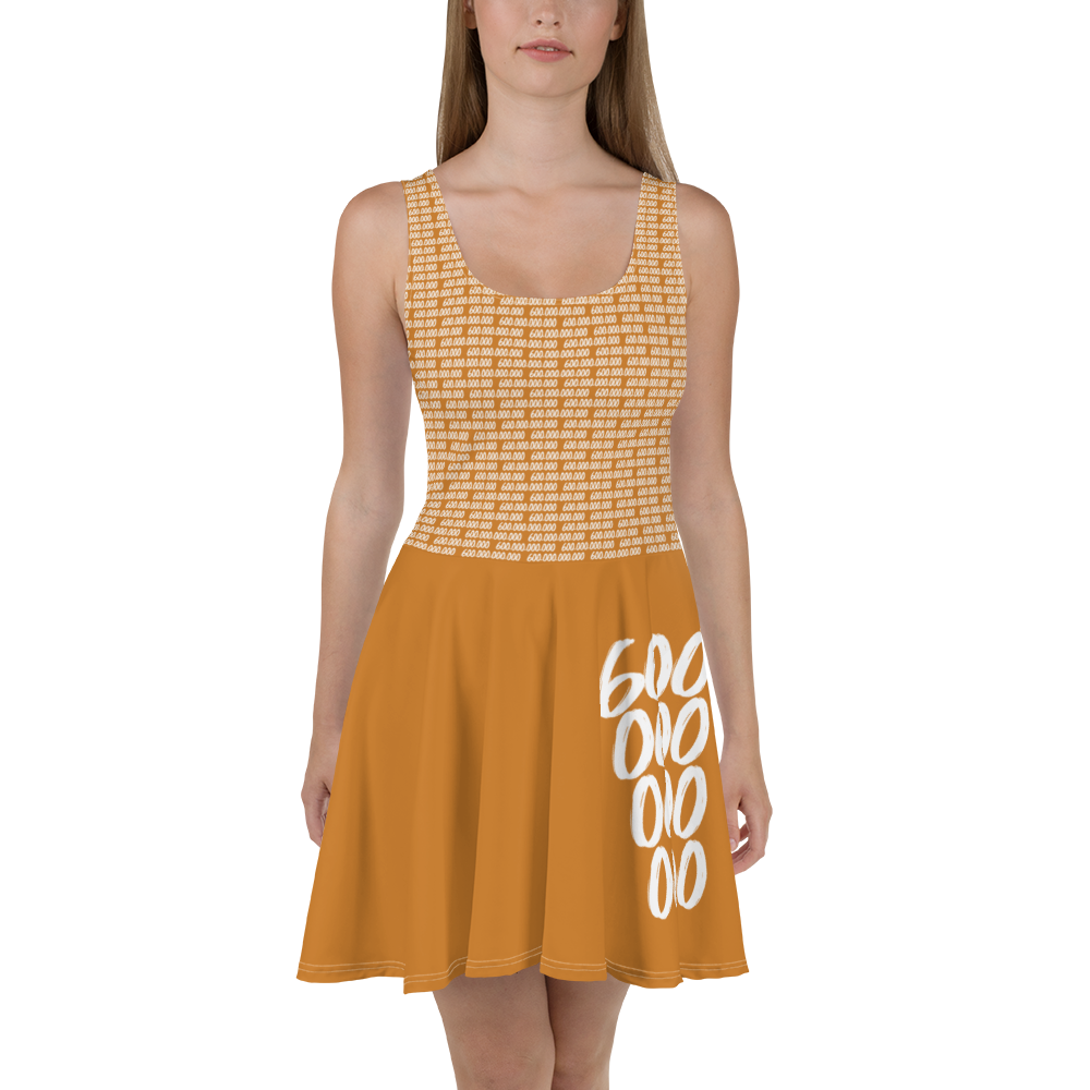 Front view of a woman wearing an orange bitcoin skater dress.